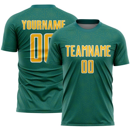Jersey Teal Shape Custom Gold-White Geometric Soccer Sublimation Sports Uniform Jersey Teal Shape Custom Gold-White Geometric Soccer Sublimation Sports Uniform
